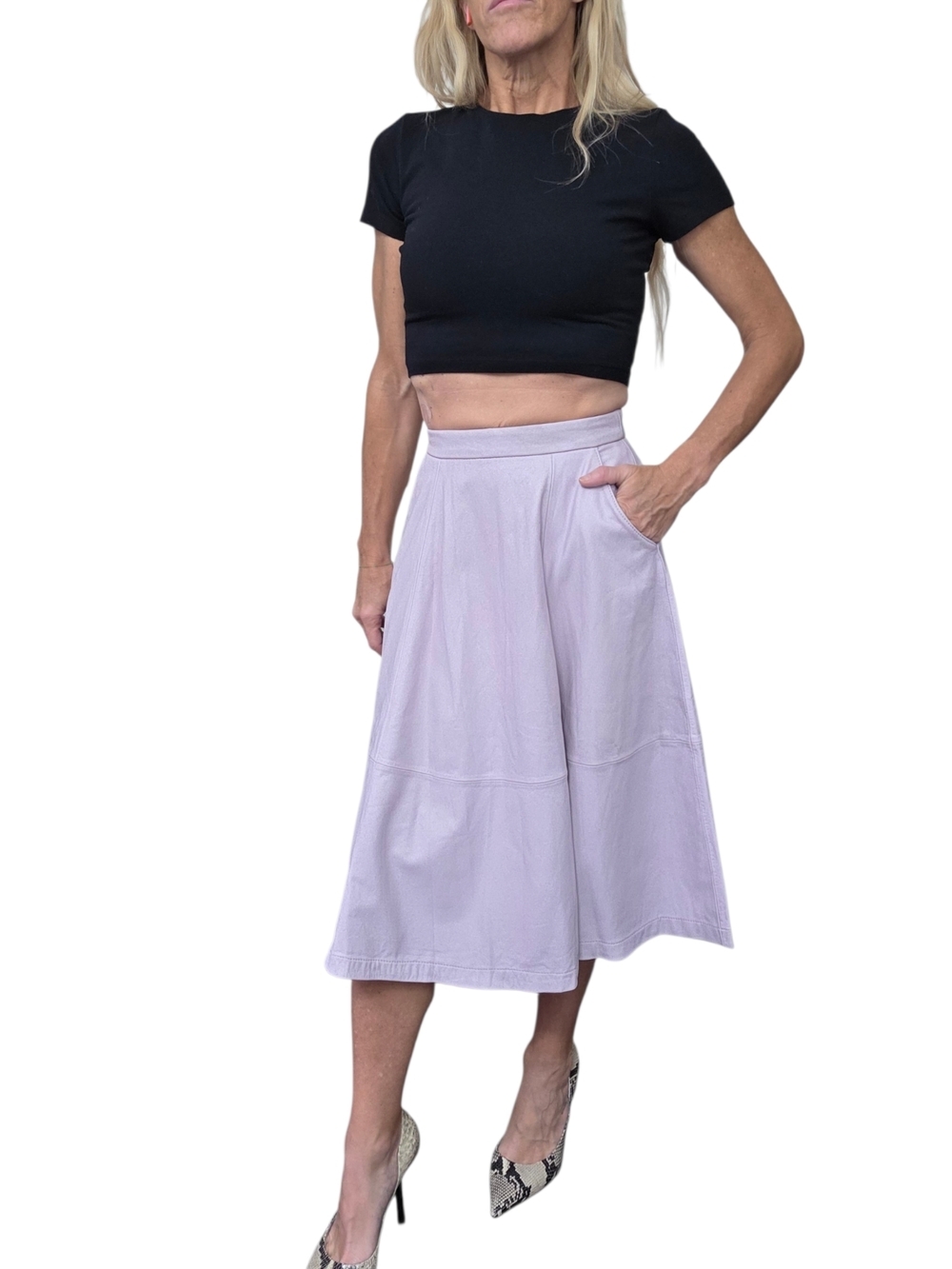 ASOS Real Leather Midi Skirt Lavender High Waist A Line Pockets 0